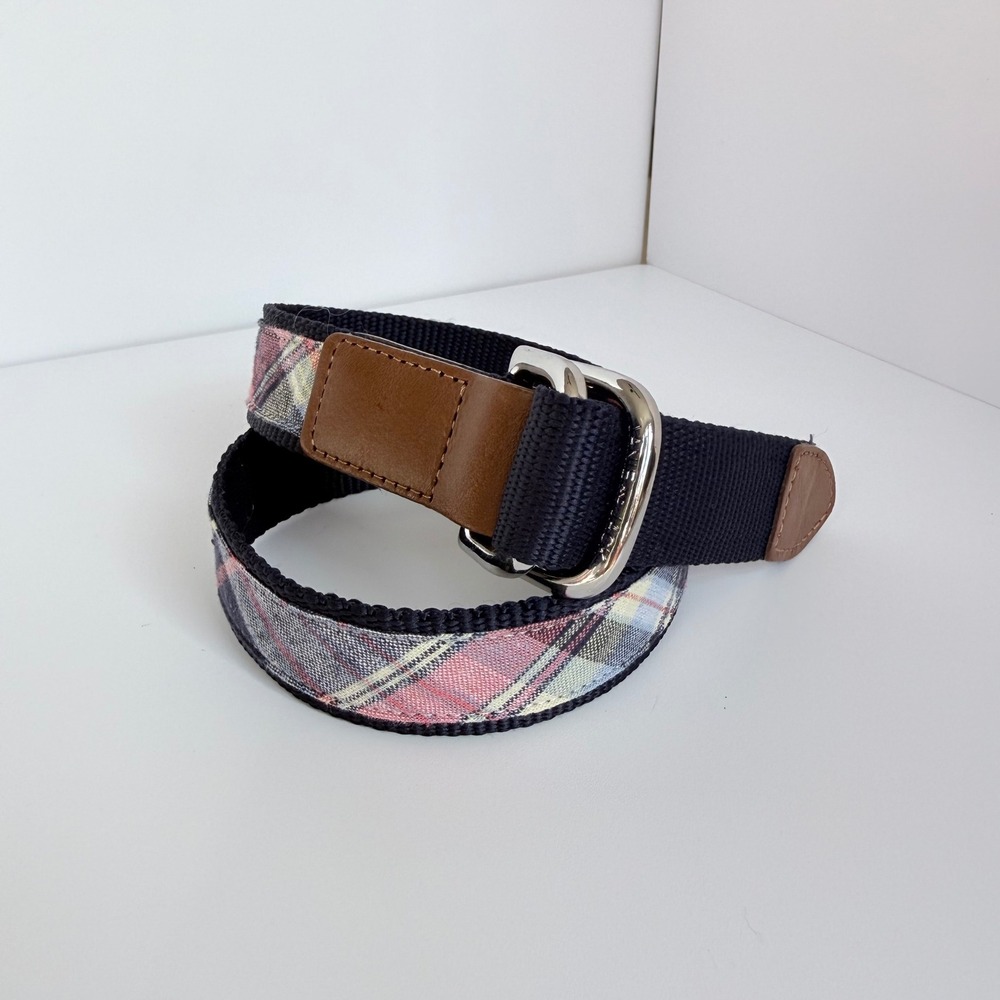 Janie and Jack Boys Blue Pink‎ Plaid Webbed Belt Leather Trim Size 4-5 Preppy